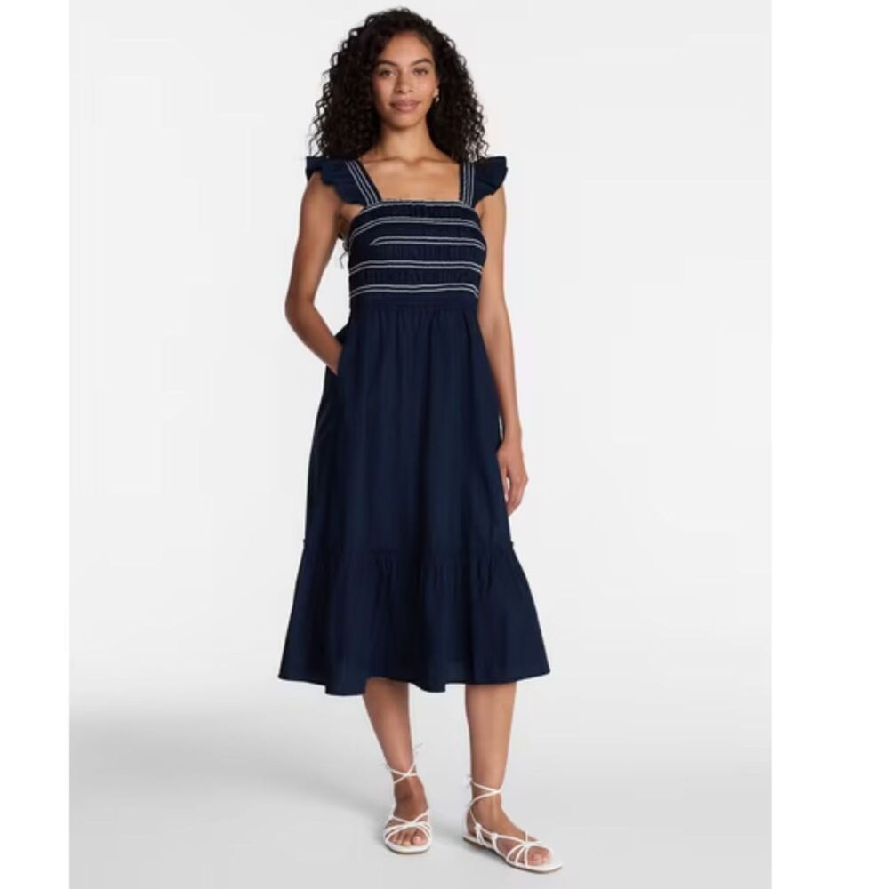 Time & Tru Womens S(4-6) Navy Smocked Flutter Sleeve Tiered Midi Dress Cotton - Picture 2 of 10